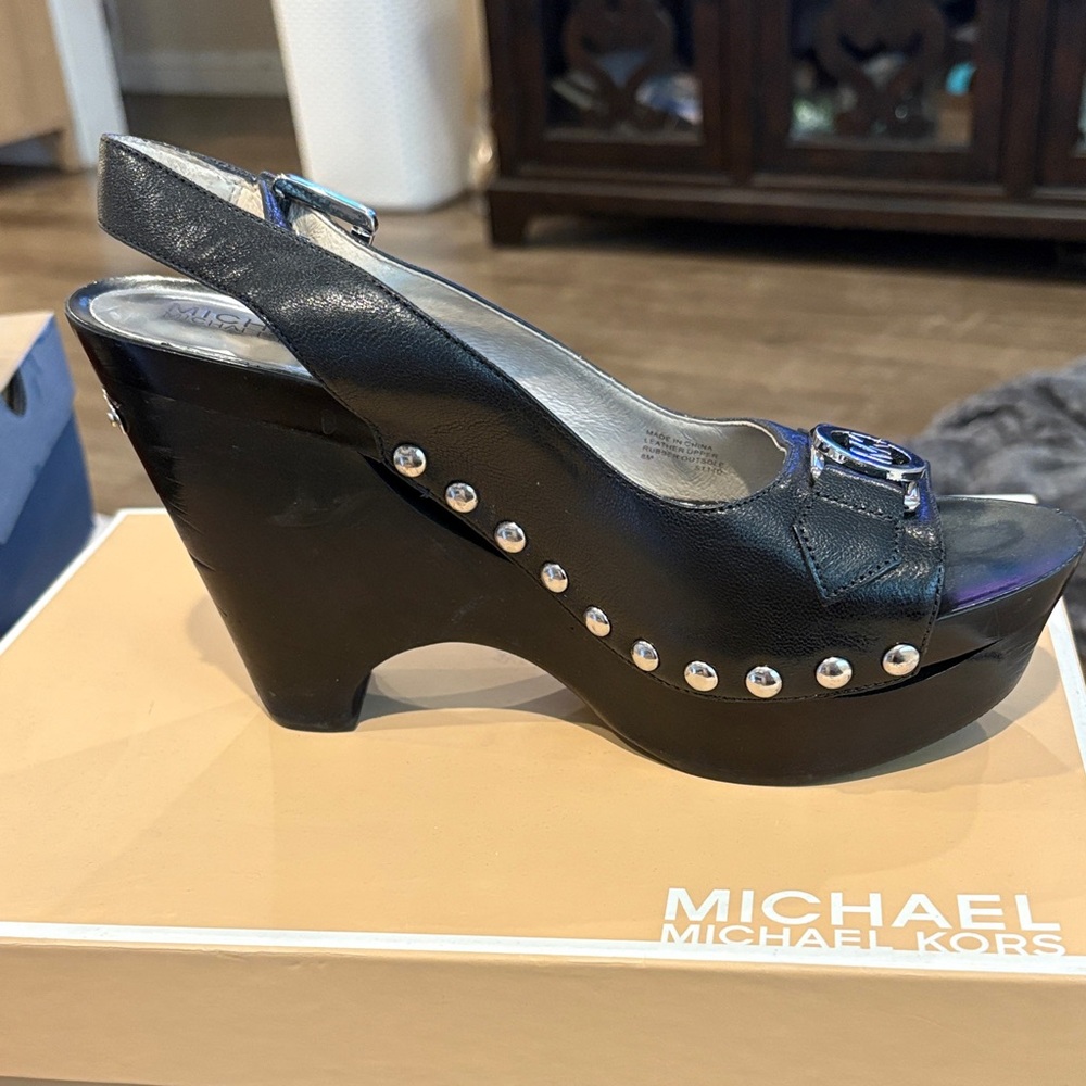 Michael Kors Black Leather Studded Wedge Sandals